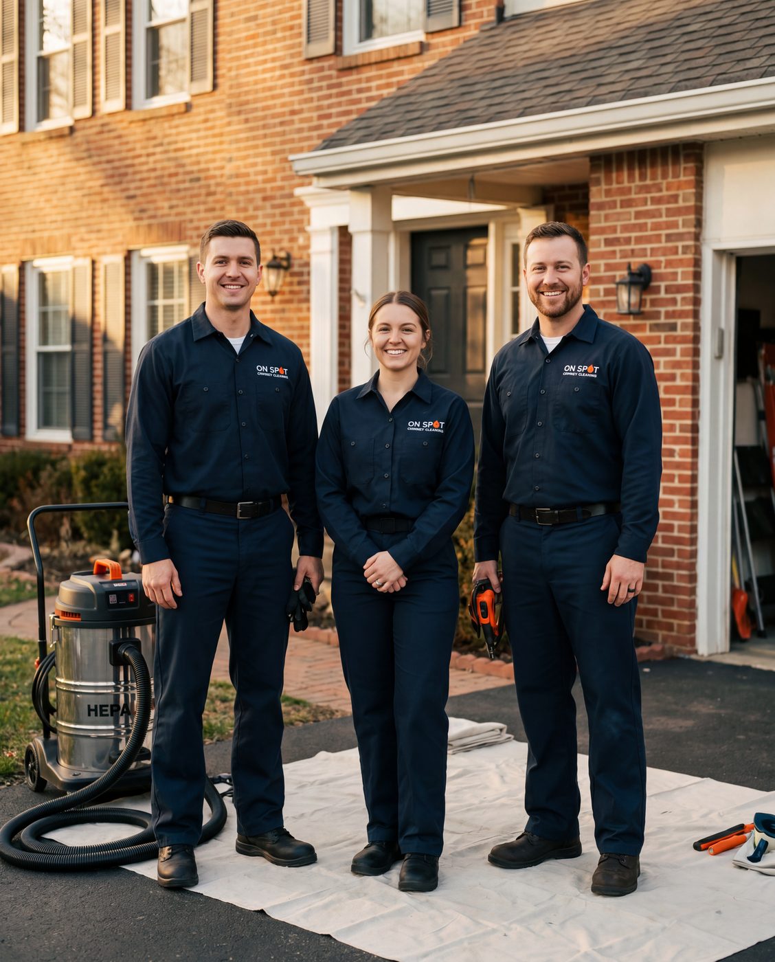 The On Spot Chimney Cleaning team outside a brick home