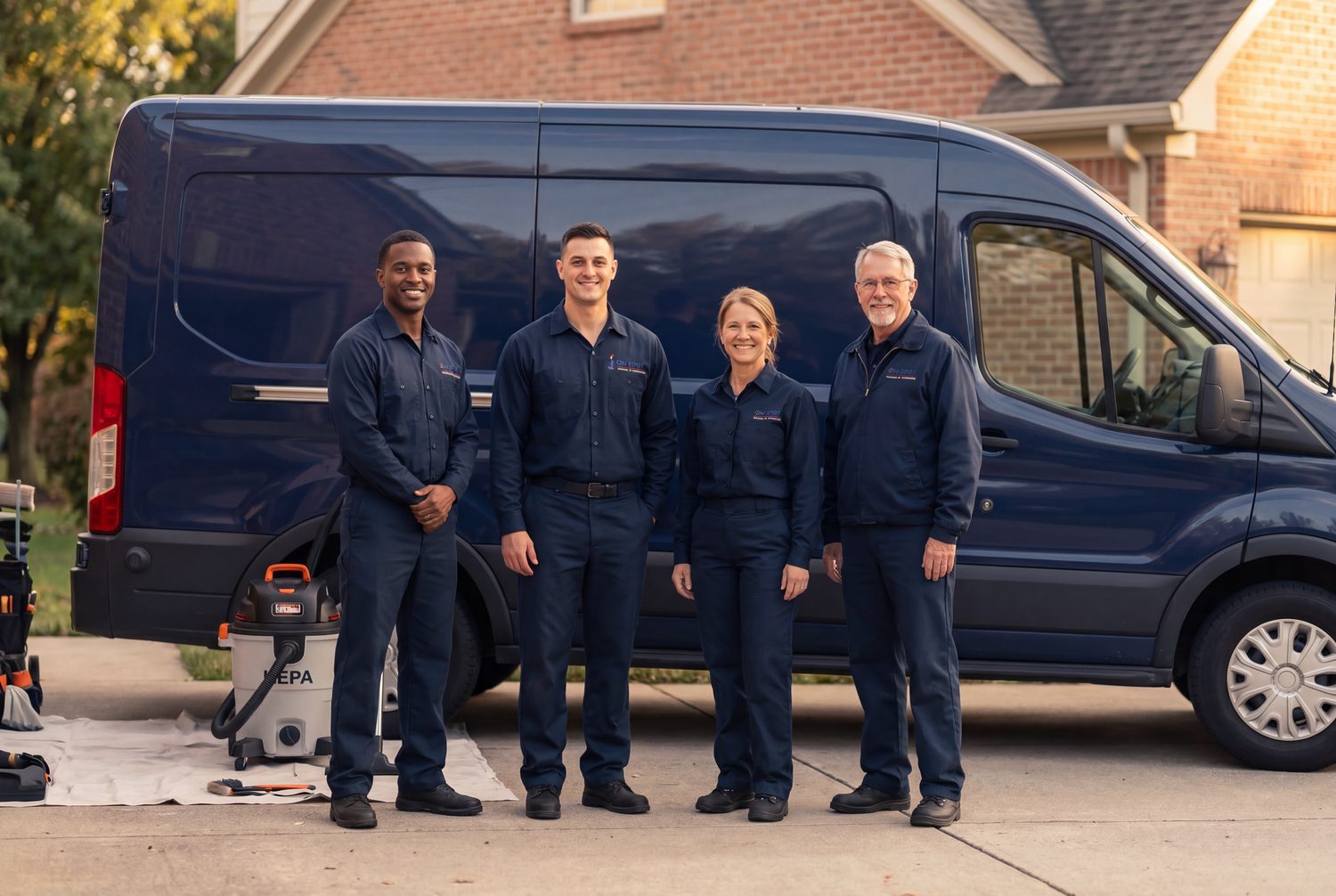 The On Spot Chimney Cleaning crew standing together in front of their navy service van