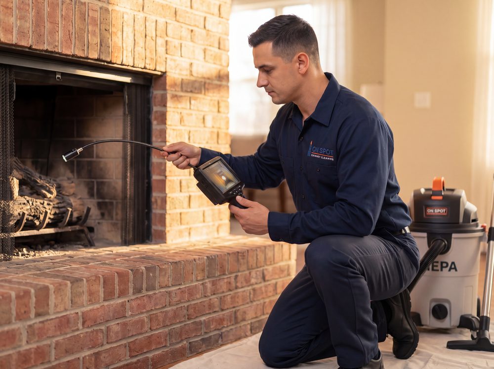On Spot technician performing a camera inspection of a chimney flue, reviewing the live feed on a handheld monitor
