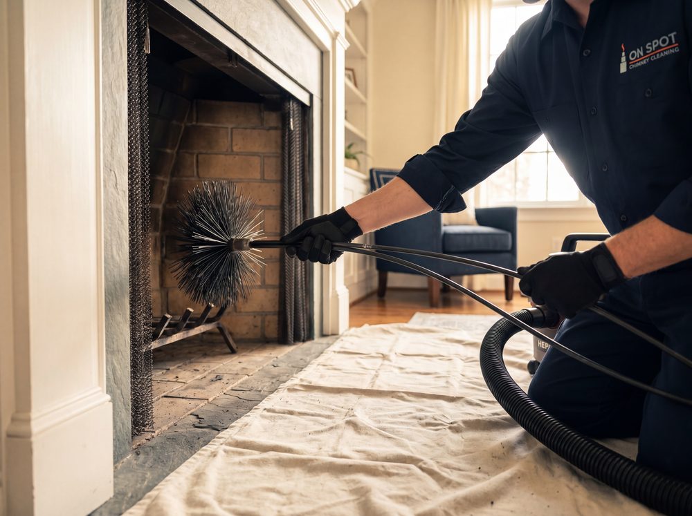 On Spot technician sweeping a residential chimney flue with a rotary brush while a drop cloth and HEPA vacuum protect the hearth