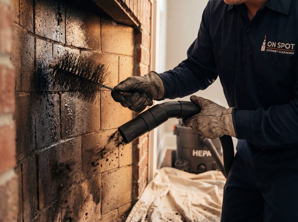 On Spot technician removing creosote buildup from sooty chimney masonry with a brush and HEPA vacuum
