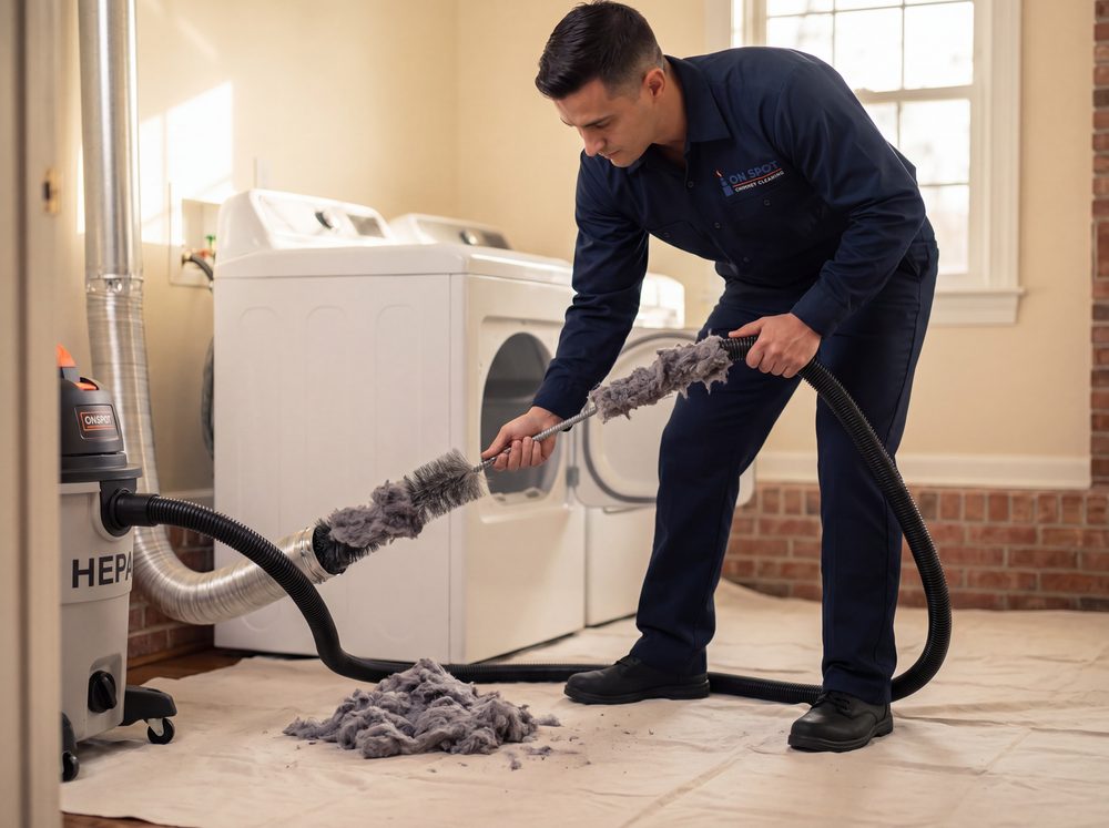 On Spot technician cleaning a household dryer vent duct and capturing lint with a HEPA vacuum