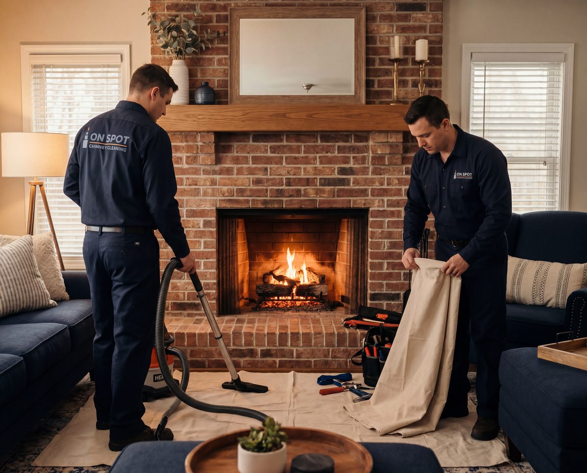 Two On Spot technicians laying drop cloths and vacuuming beside a clean, freshly serviced lit fireplace