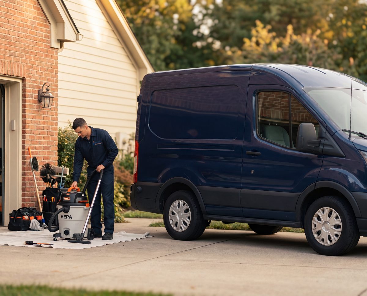 On Spot Chimney Cleaning navy service van parked in a suburban driveway with tools and a HEPA vacuum