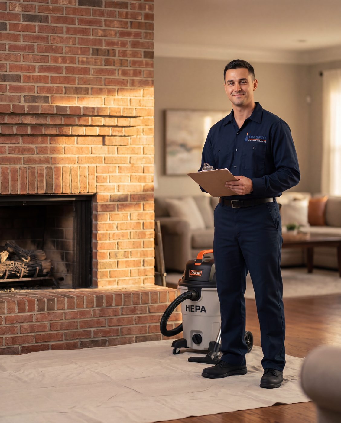 Certified On Spot chimney technician standing beside a brick fireplace with a clipboard and HEPA vacuum